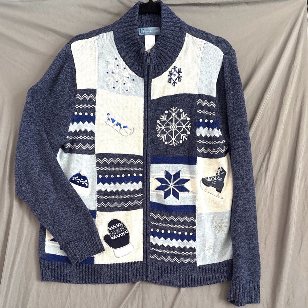 Winter Cardigan M Blue Wintercore Sequin Snowflake Patchwork Holiday Sweater
